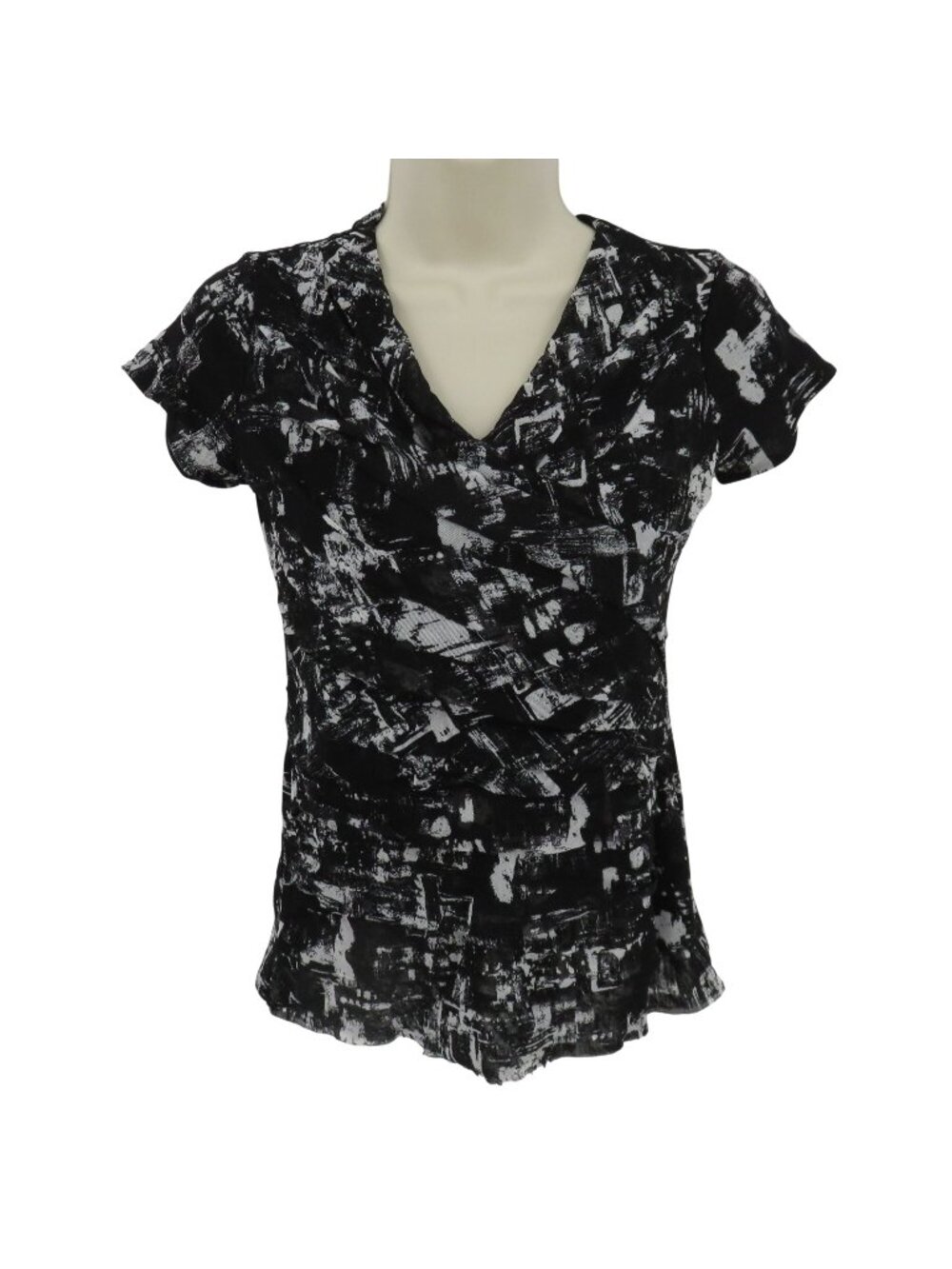 Style & Co Women Petite Small PS Black White Tiered Mesh V Neck Shirt Top Blouse
